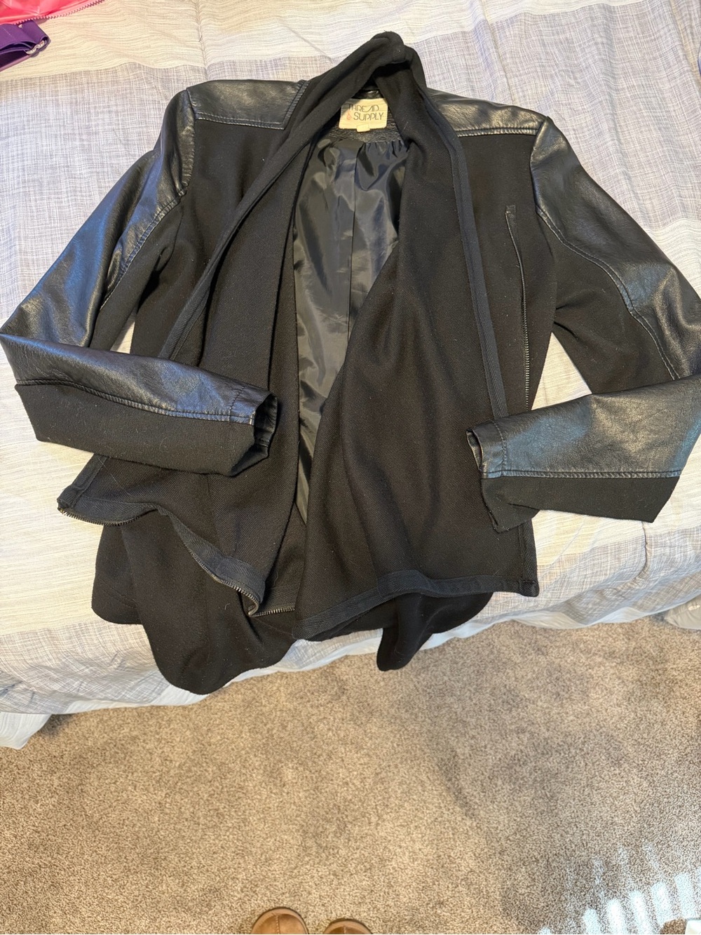 Thread & Supply Black Open-Front Blazer with Faux Leather Trim